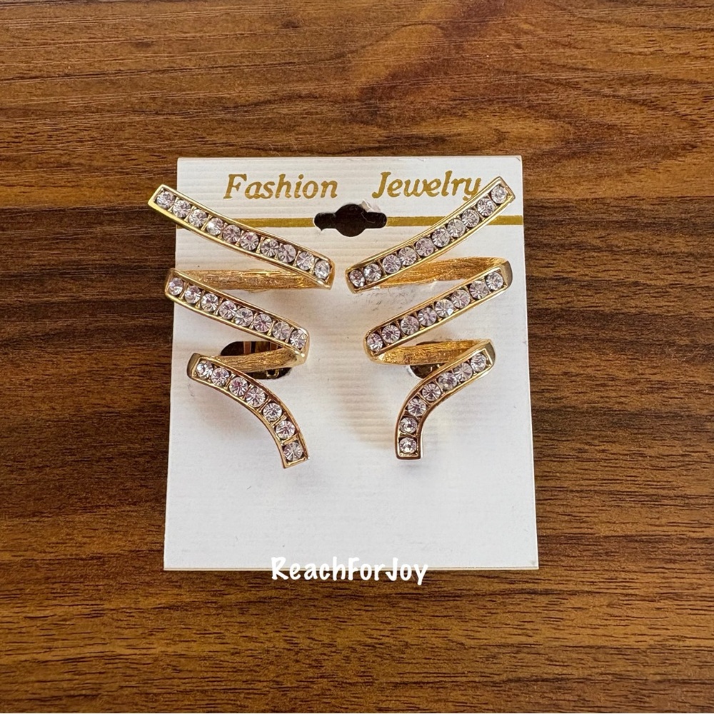 Vintage Clip On Earrings Swirls Zig Zag Ribbon Gold With Rhinestones Statement